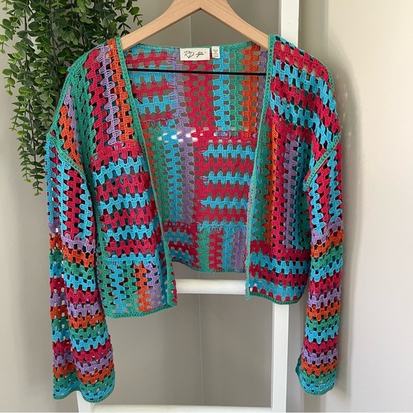 Colorful Crochet Cardigan Sweater Boho Festival Hippie Rainbow Open Knit Top S - Picture 2 of 10